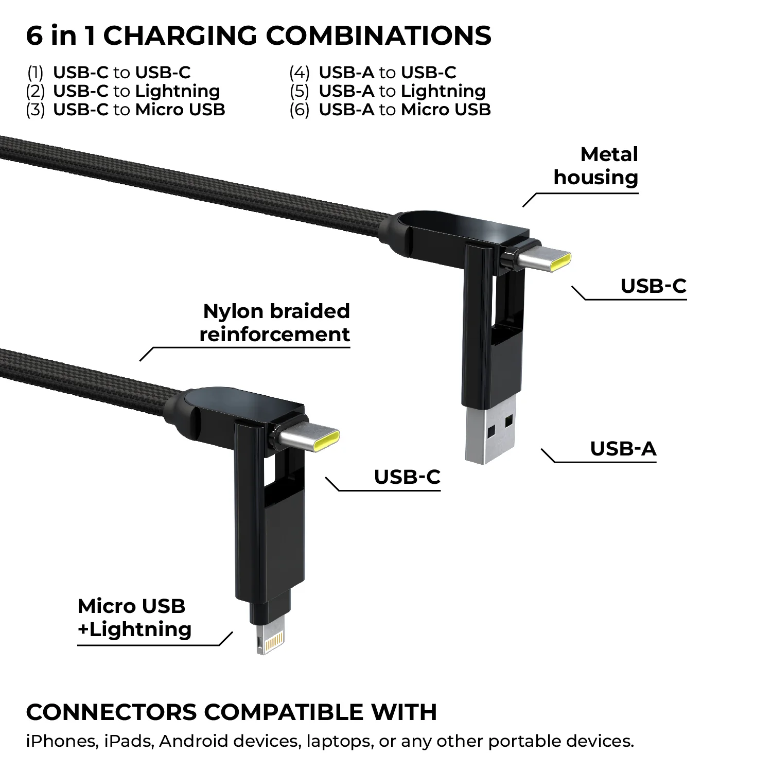 inCharge® XL 2m / 6.6ft - 100W, 6in1 super long cable - Image 3